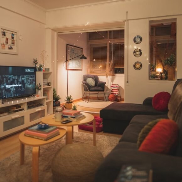 Cozy living room with warm floor lamp lighting in the evening