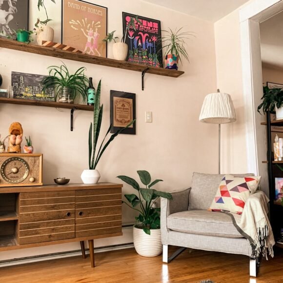 Organized small apartment with neat shelves and baskets