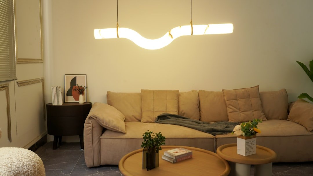 Pendant light with warm glow in a cozy living room