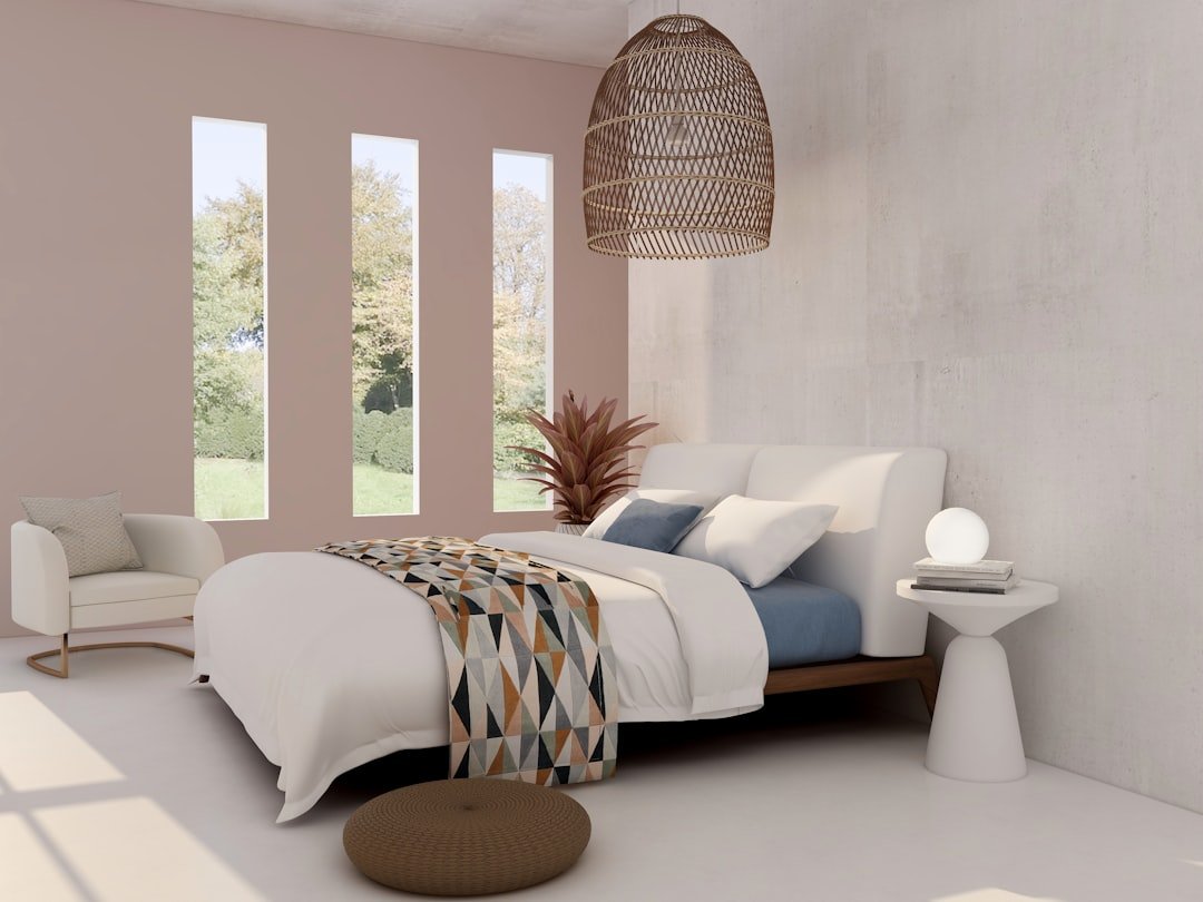 Warm boho bedroom with soft lighting and natural textures