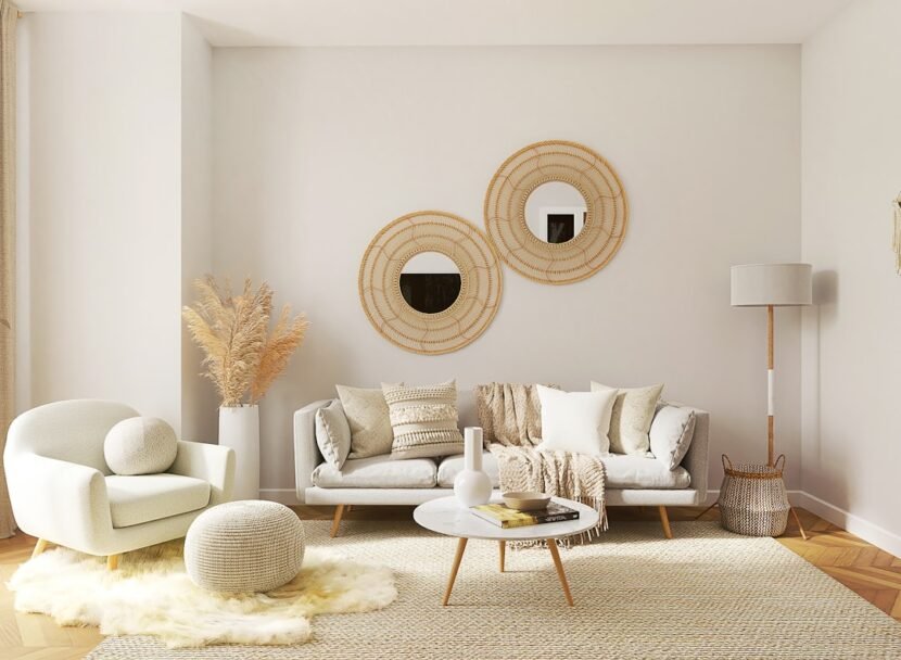A cozy small apartment living room decorated with furniture, soft textiles, and a mirror to create a welcoming space