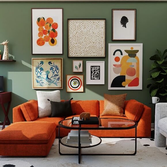 Living room with terracotta and warm brown earth tone sofa and throw pillows