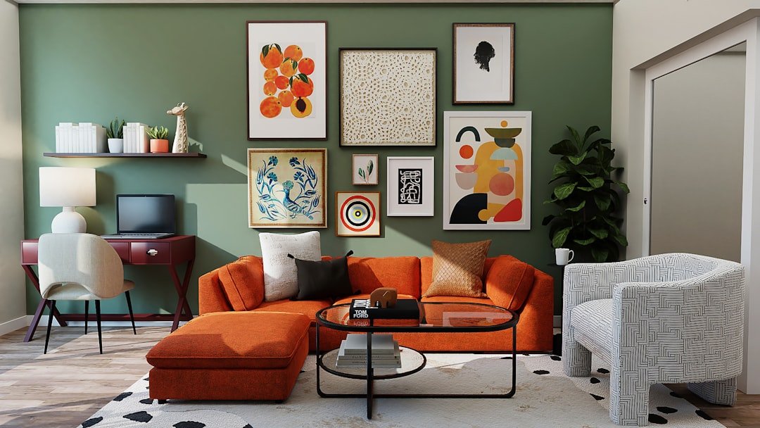 Living room with terracotta and warm brown earth tone sofa and throw pillows