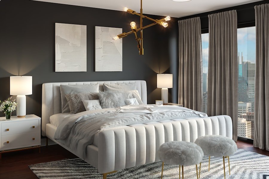 A large wall mirror reflecting a bright window in a small living room to make the space look bigger