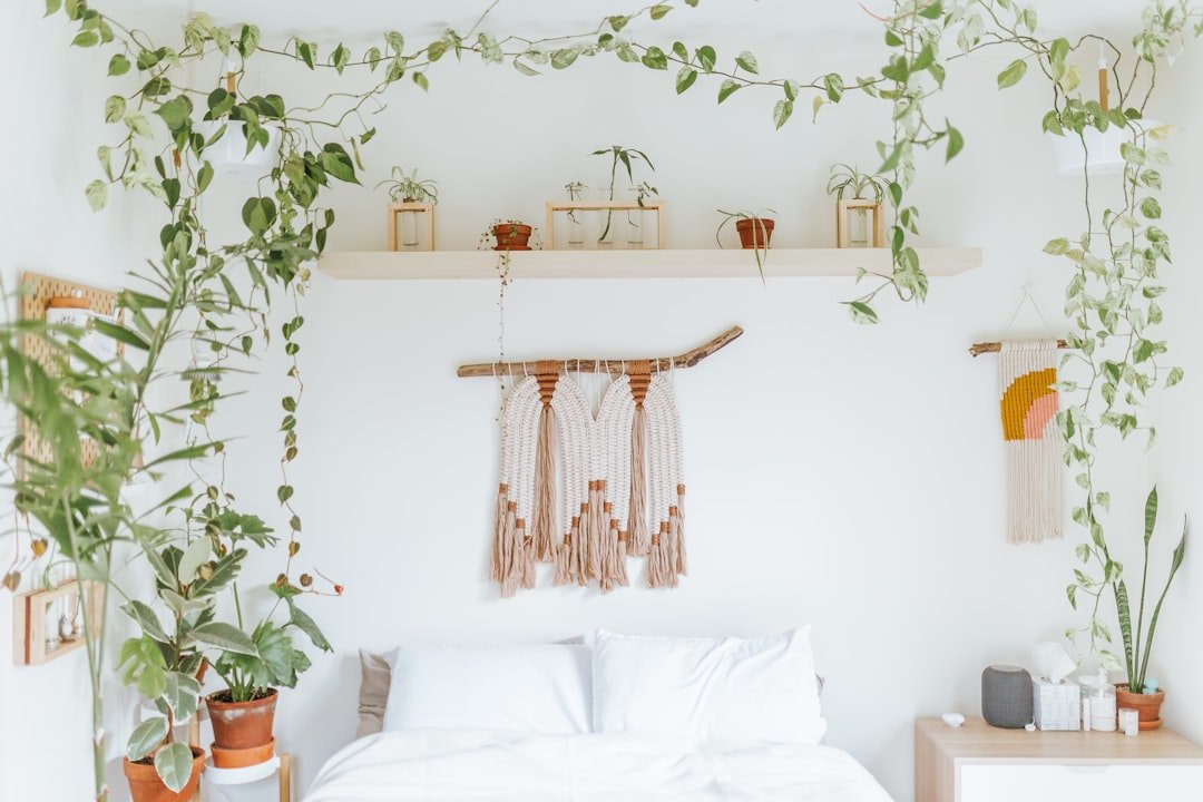 Macrame wall hanging with trailing houseplants above a bed in a boho bedroom