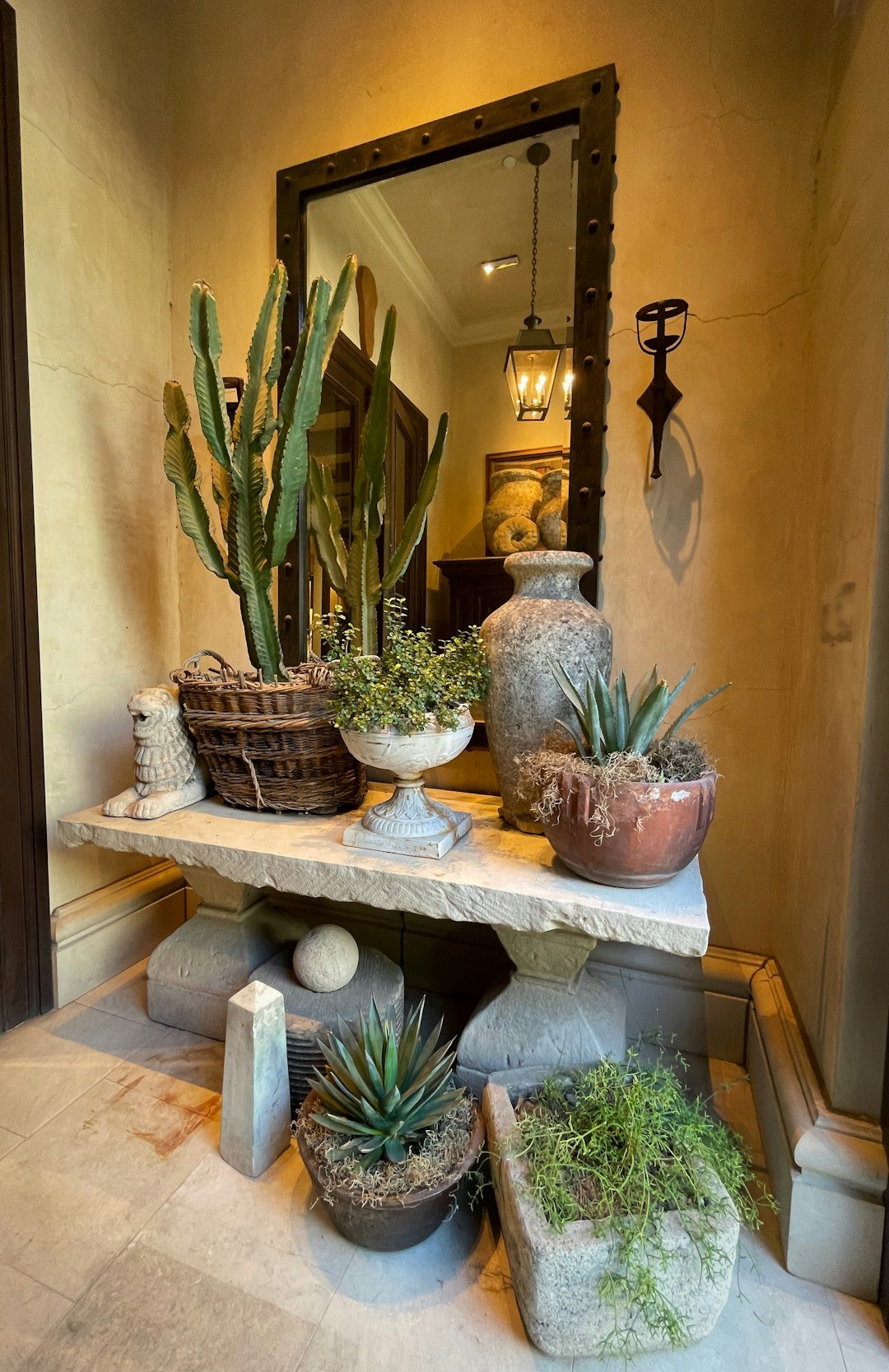Narrow hallway decorated with a mirror and potted plants on a console table