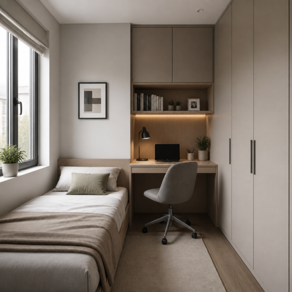 Small bedroom with smart furniture layout, bed against wall, tall wardrobe and corner desk nook