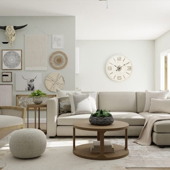 A small living room with a smart furniture arrangement showing a round table and seating layout