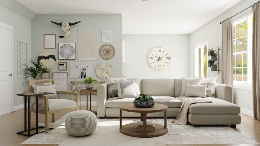 A small living room with a smart furniture arrangement showing a round table and seating layout