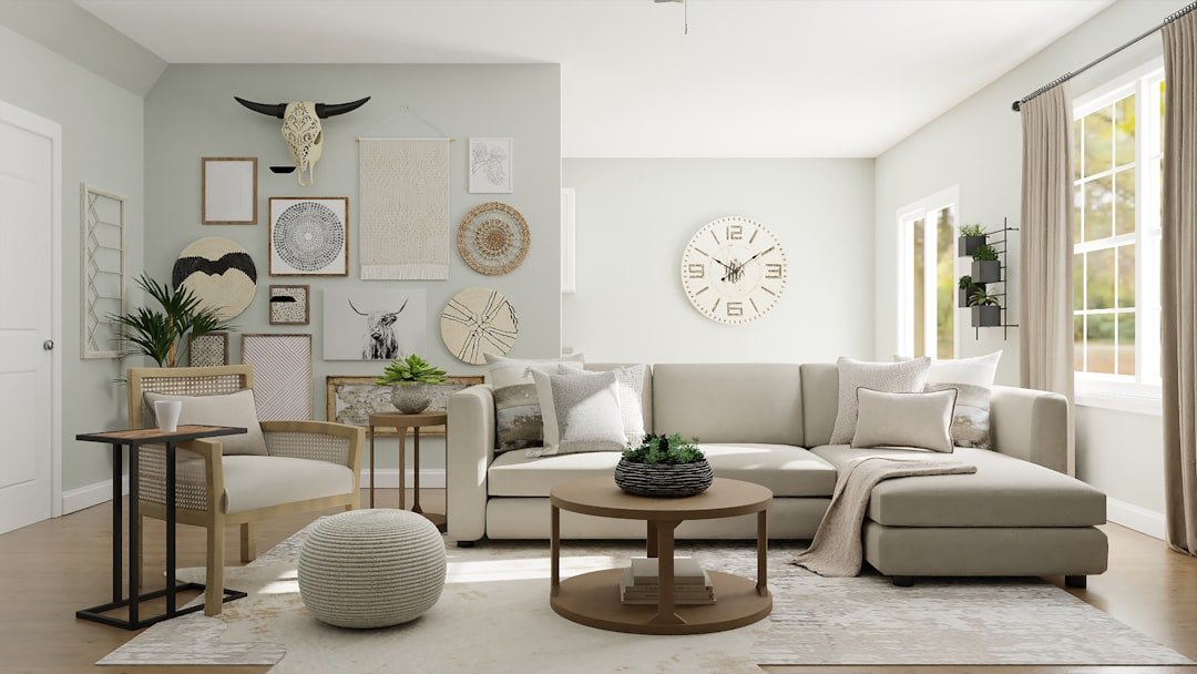 A small living room with a smart furniture arrangement showing a round table and seating layout