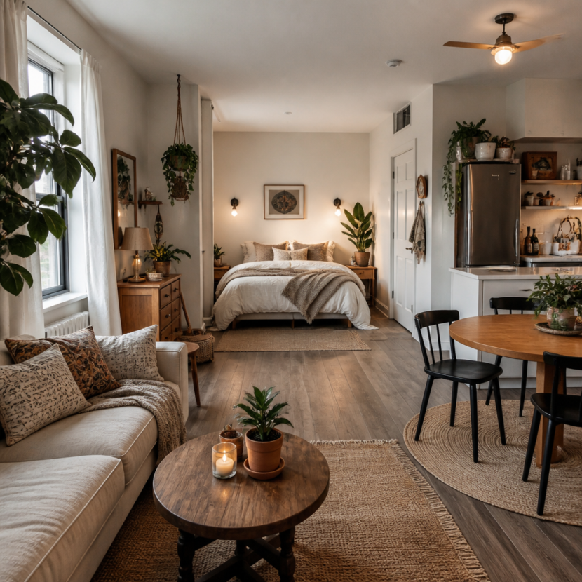 Studio apartment with distinct living sleeping and dining zones in boho neutral decor with warm light