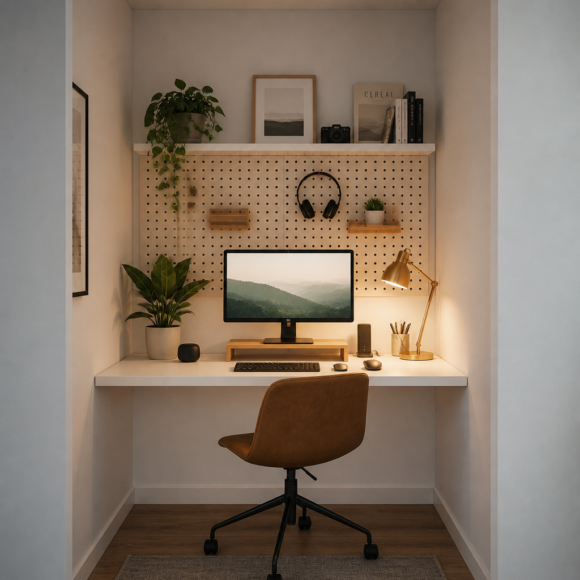 Tiny home office corner with floating white desk, monitor, green plant, warm desk lamp and pegboard