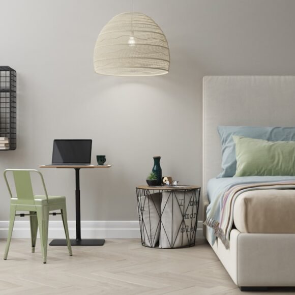 Bedroom with storage baskets and open shelves for organization
