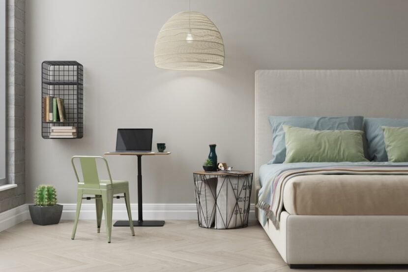 Bedroom with storage baskets and open shelves for organization