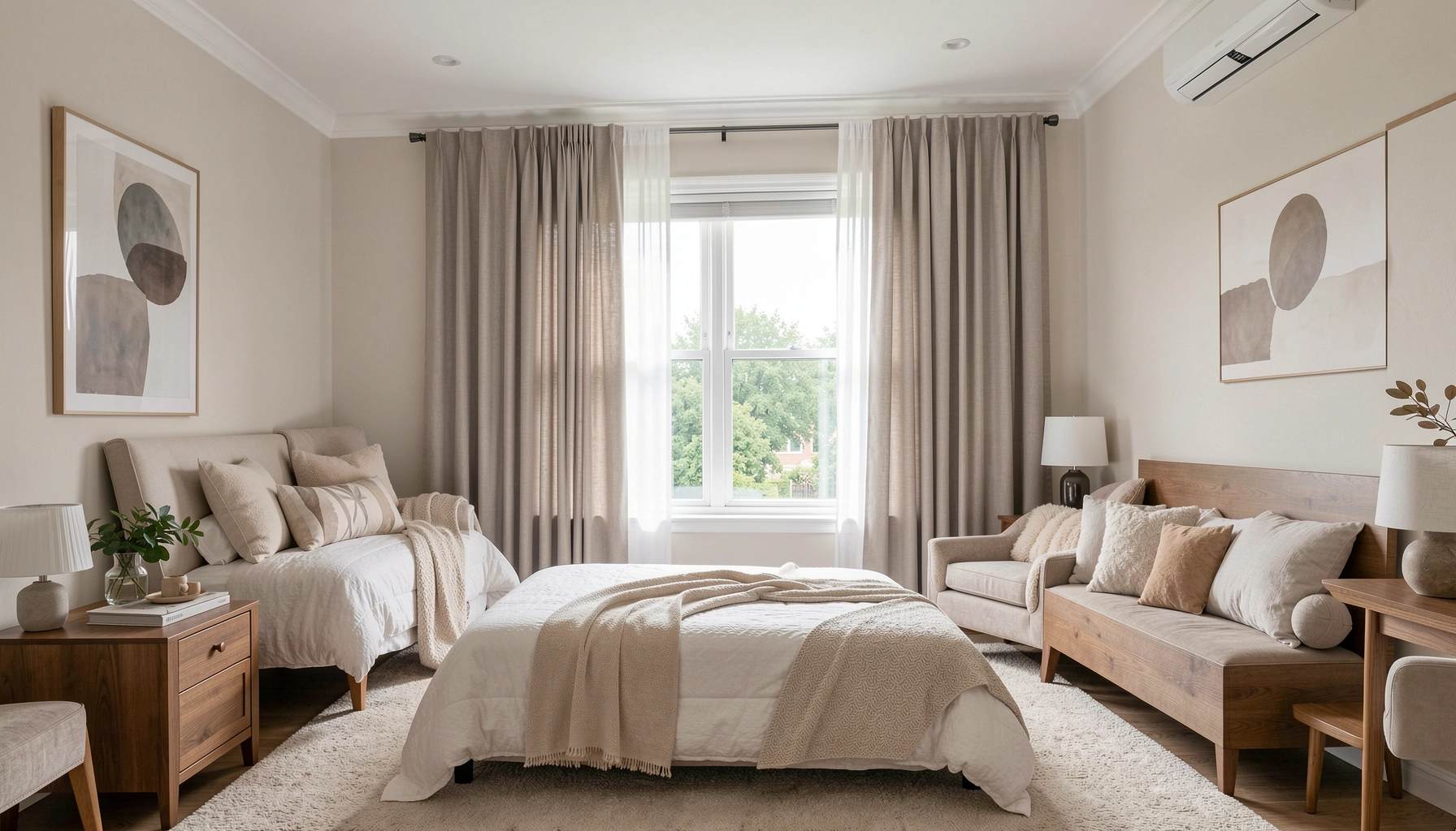 2. Hang curtains at ceiling height and wide beyond the window