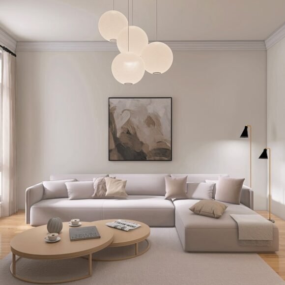 Modern minimalist living room with white sofa and clean lines
