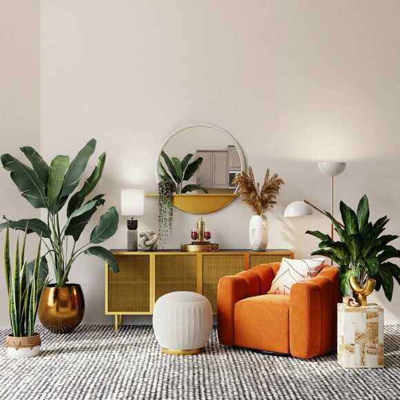 Cozy small apartment living area with earthy tones and plants