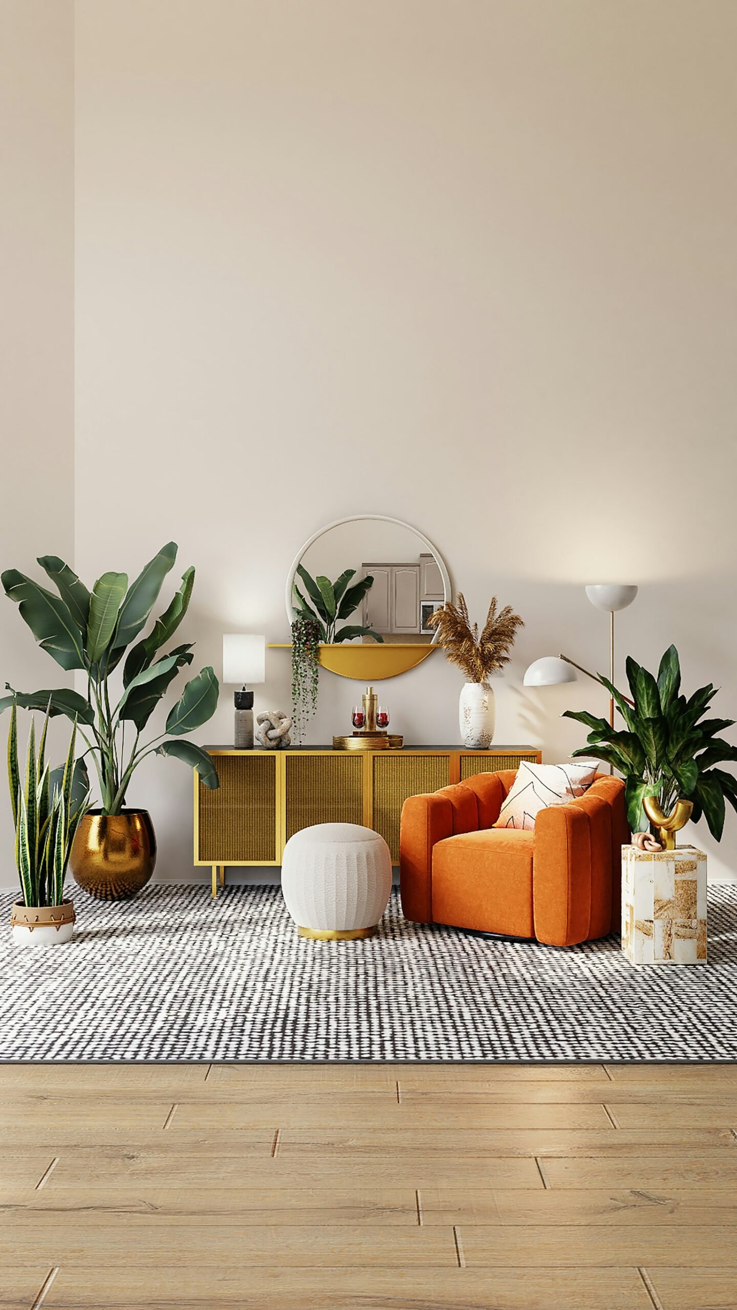 Cozy small apartment living area with earthy tones and plants
