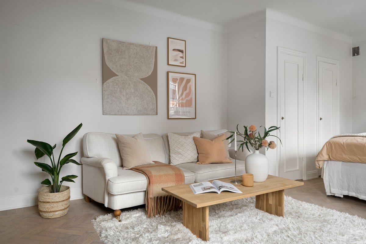 Living room with a large pale rug anchoring the seating area