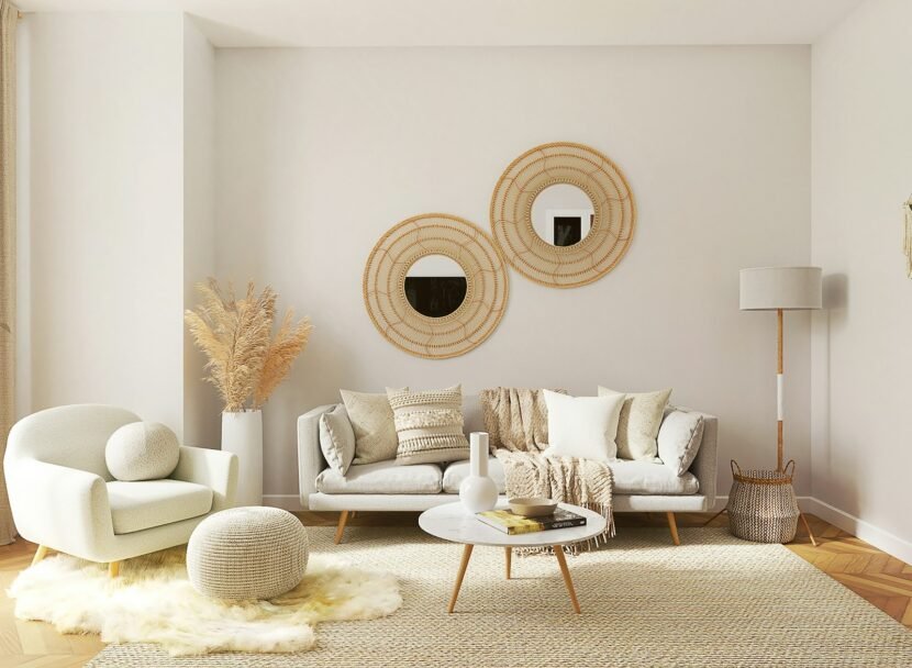 Small apartment living room with neutral sofa, rug and warm lamp lighting