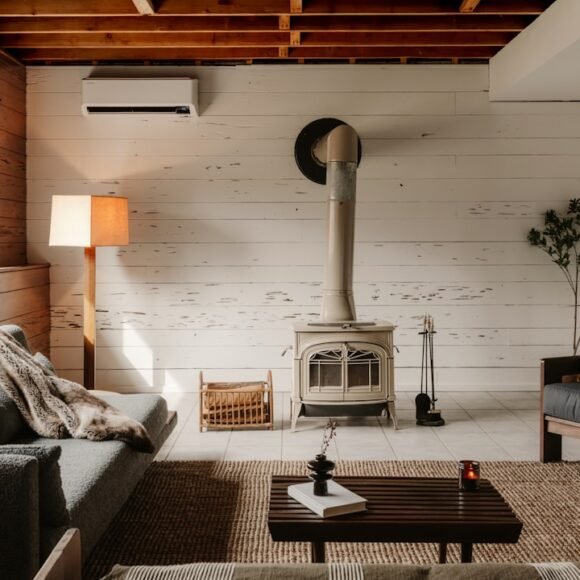 A cozy cottagecore-style living room filled with warm wood tones, soft textiles, and vintage charm