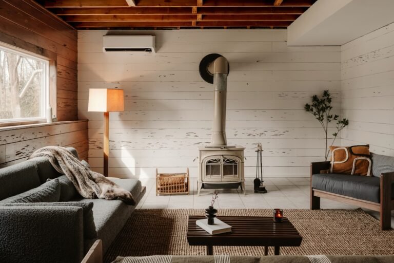A cozy cottagecore-style living room filled with warm wood tones, soft textiles, and vintage charm