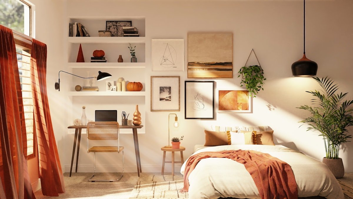 Small bedroom with a bed and a study desk against the wall