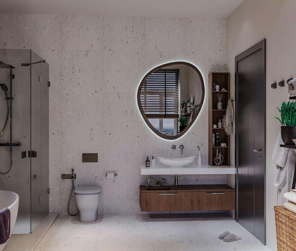 Scandi style bathroom with a fabric shower curtain and warm lighting