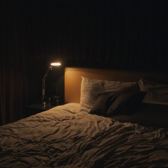 Cozy small bedroom with no natural light lit by a warm bedside lamp