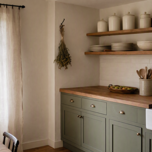 Cottage kitchen with sage green cabinets, butcher block counter and open shelving holding cream ceramics and a vintage pitcher