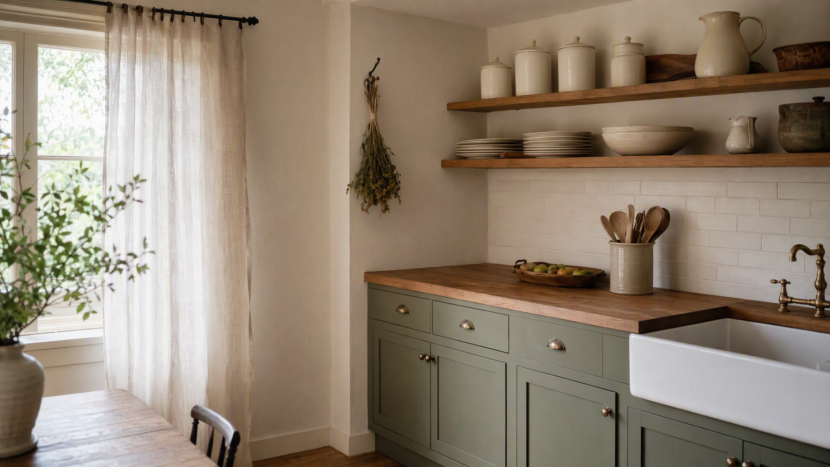 Cottage kitchen with sage green cabinets, butcher block counter and open shelving holding cream ceramics and a vintage pitcher