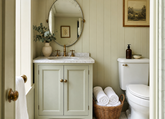 Small cottage bathroom with cream beadboard panelling, brass faucet, oval vintage mirror and a wicker basket of rolled towels