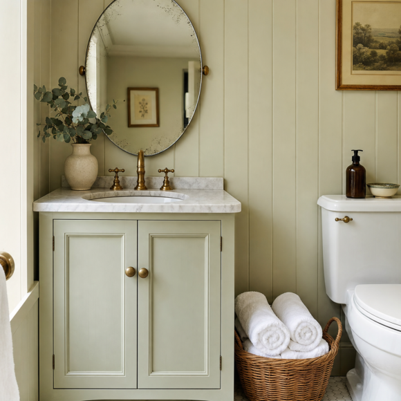 Small cottage bathroom with cream beadboard panelling, brass faucet, oval vintage mirror and a wicker basket of rolled towels