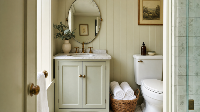 Small cottage bathroom with cream beadboard panelling, brass faucet, oval vintage mirror and a wicker basket of rolled towels