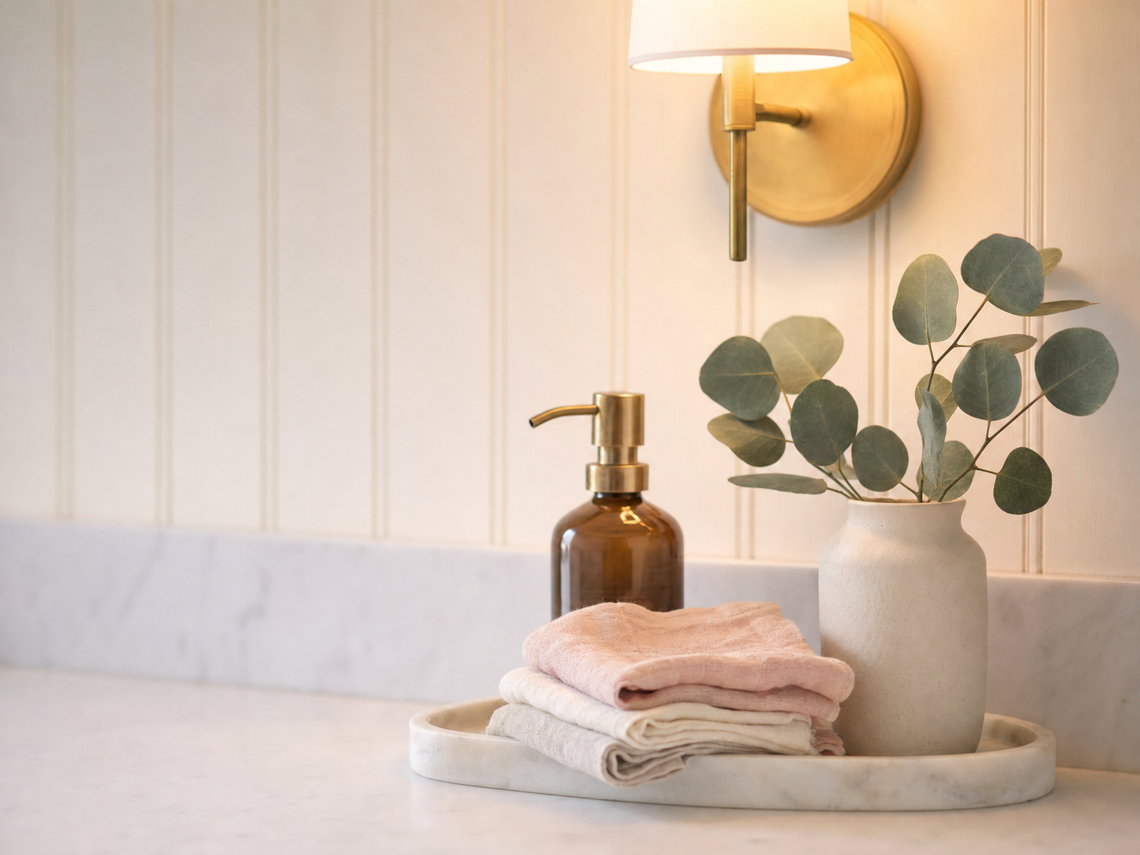 Bathroom vanity corner with a marble tray, amber soap dispenser, folded blush and ivory washcloths and eucalyptus in a ceramic vase