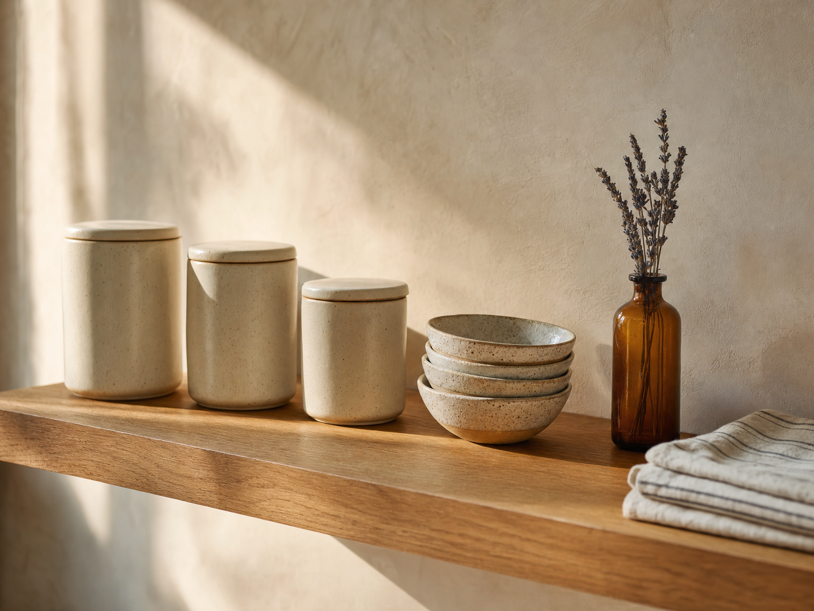 Open kitchen shelf styled with three cream ceramic canisters, stacked stoneware bowls and dried lavender in an amber bottle