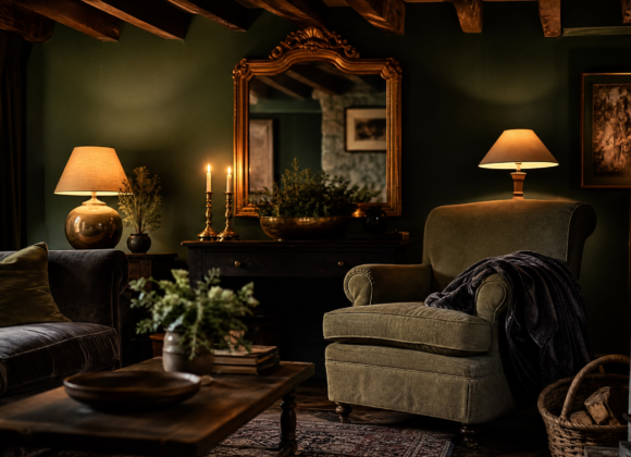 Dark cottage living room with deep green walls, wood beams, brass candlesticks, an antique gilt mirror and warm lamplight