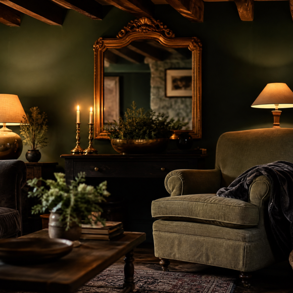 Dark cottage living room with deep green walls, wood beams, brass candlesticks, an antique gilt mirror and warm lamplight