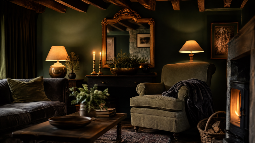 Dark Cottagecore — The Moody Side of Cottage Style Dark cottage living room with deep green walls, wood beams, brass candlesticks, an antique gilt mirror and warm lamplight