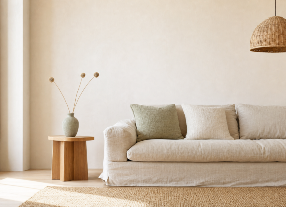 Minimalist living room with warm white walls, pale oak floor, linen slipcovered sofa, jute rug and a single ceramic vase of dried stems
