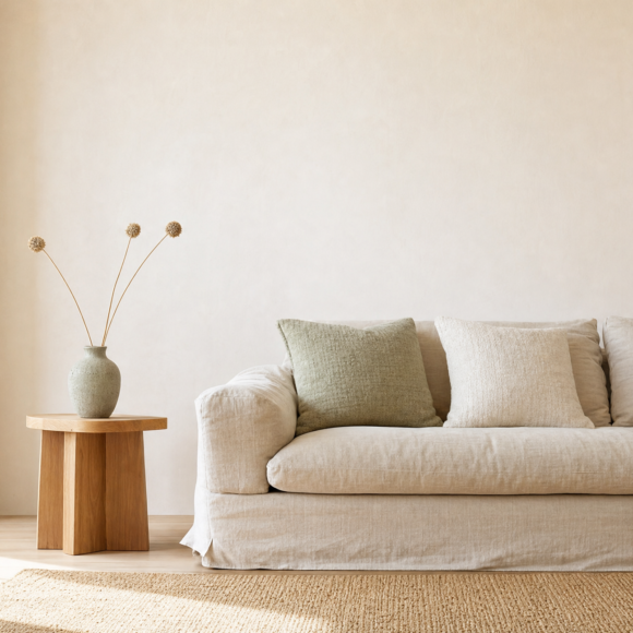Minimalist living room with warm white walls, pale oak floor, linen slipcovered sofa, jute rug and a single ceramic vase of dried stems