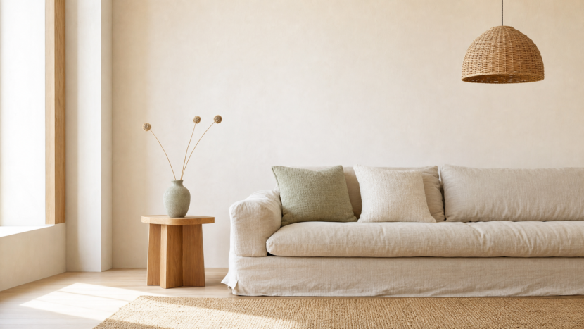 Minimalist living room with warm white walls, pale oak floor, linen slipcovered sofa, jute rug and a single ceramic vase of dried stems