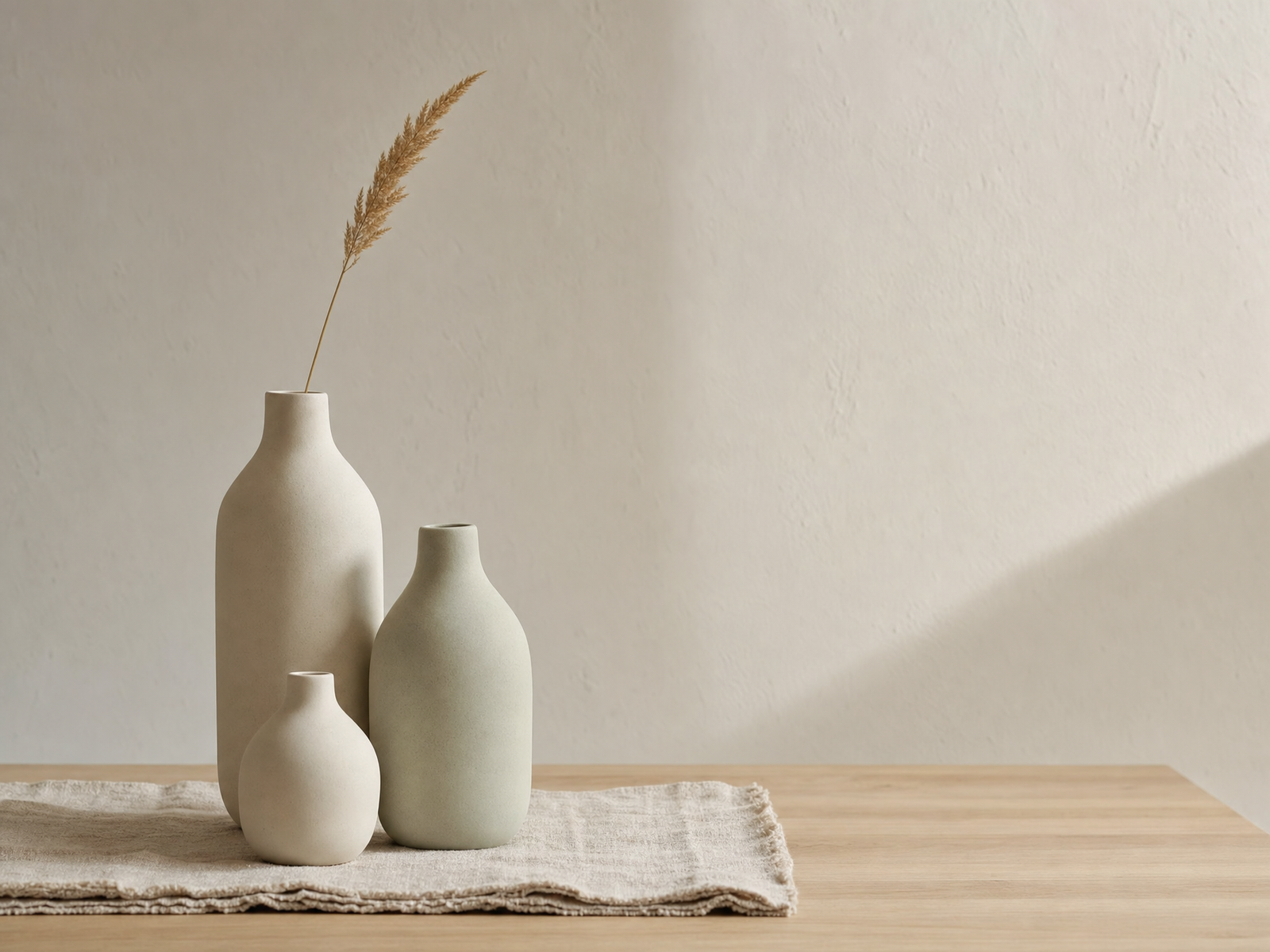 Three matte ceramic vases in warm white and pale sage on a pale oak surface with a folded oatmeal linen runner