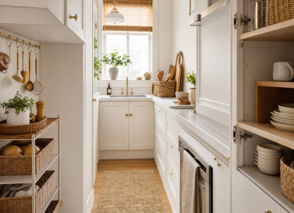 Small galley kitchen with warm white cabinets, a brass utensil rail, a slim rolling cart with baskets and a wooden shelf riser