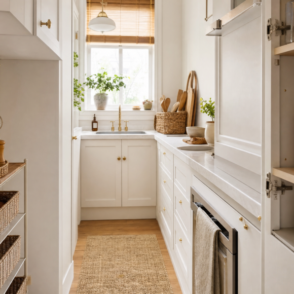 Small galley kitchen with warm white cabinets, a brass utensil rail, a slim rolling cart with baskets and a wooden shelf riser
