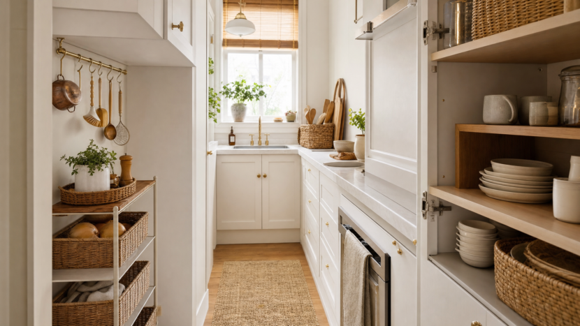 Small galley kitchen with warm white cabinets, a brass utensil rail, a slim rolling cart with baskets and a wooden shelf riser