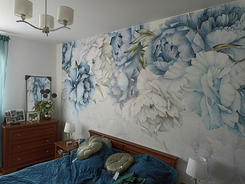 Floral removable wallpaper on a bedroom accent wall