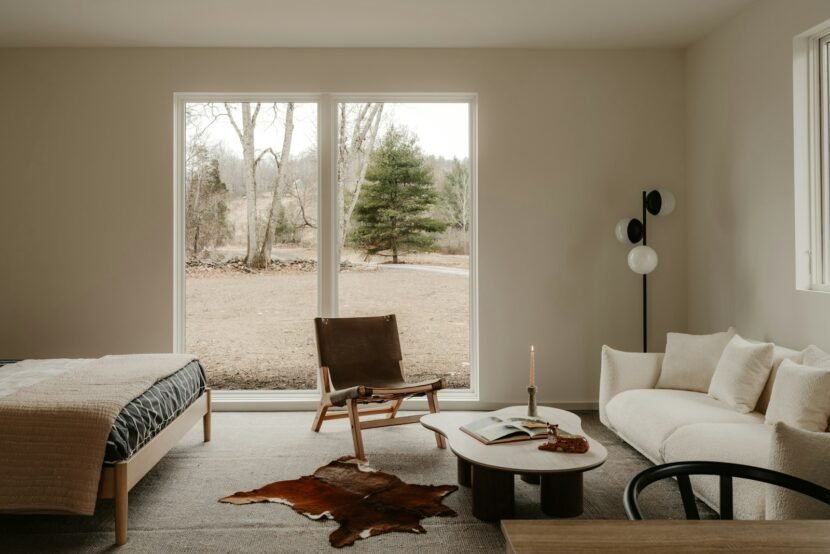 Bright studio apartment with sleeping and living areas sharing one open room