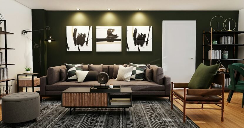Accent wall ideas: 18 ways to add character to any room Living room with a brown sofa and patterned pillows in front of a dark green painted wall